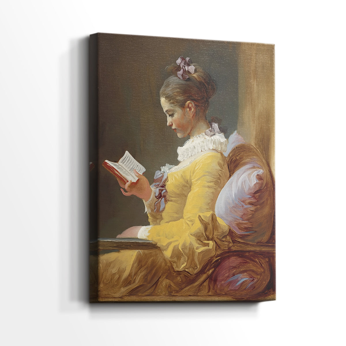 Side view of a canvas art print of a quiet composition with gentle expression and pastel color, showing gallery-wrapped depth.