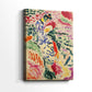 Side view of a canvas art print of a bright composition with floral elements and flowing forms, showing gallery-wrapped depth.