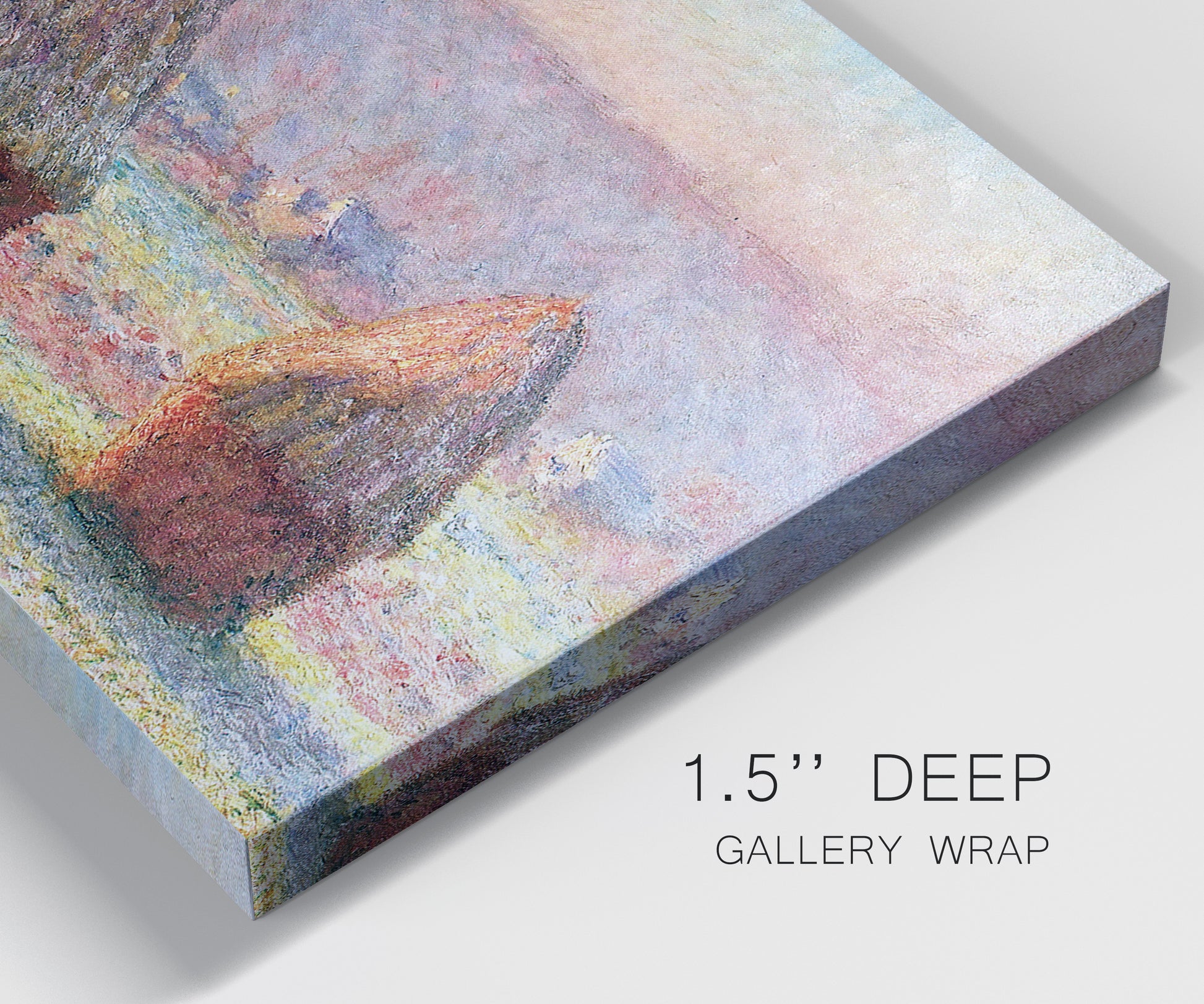 Close-up view of wrapped canvas corner featuring winter grainstacks glowing at sunset.