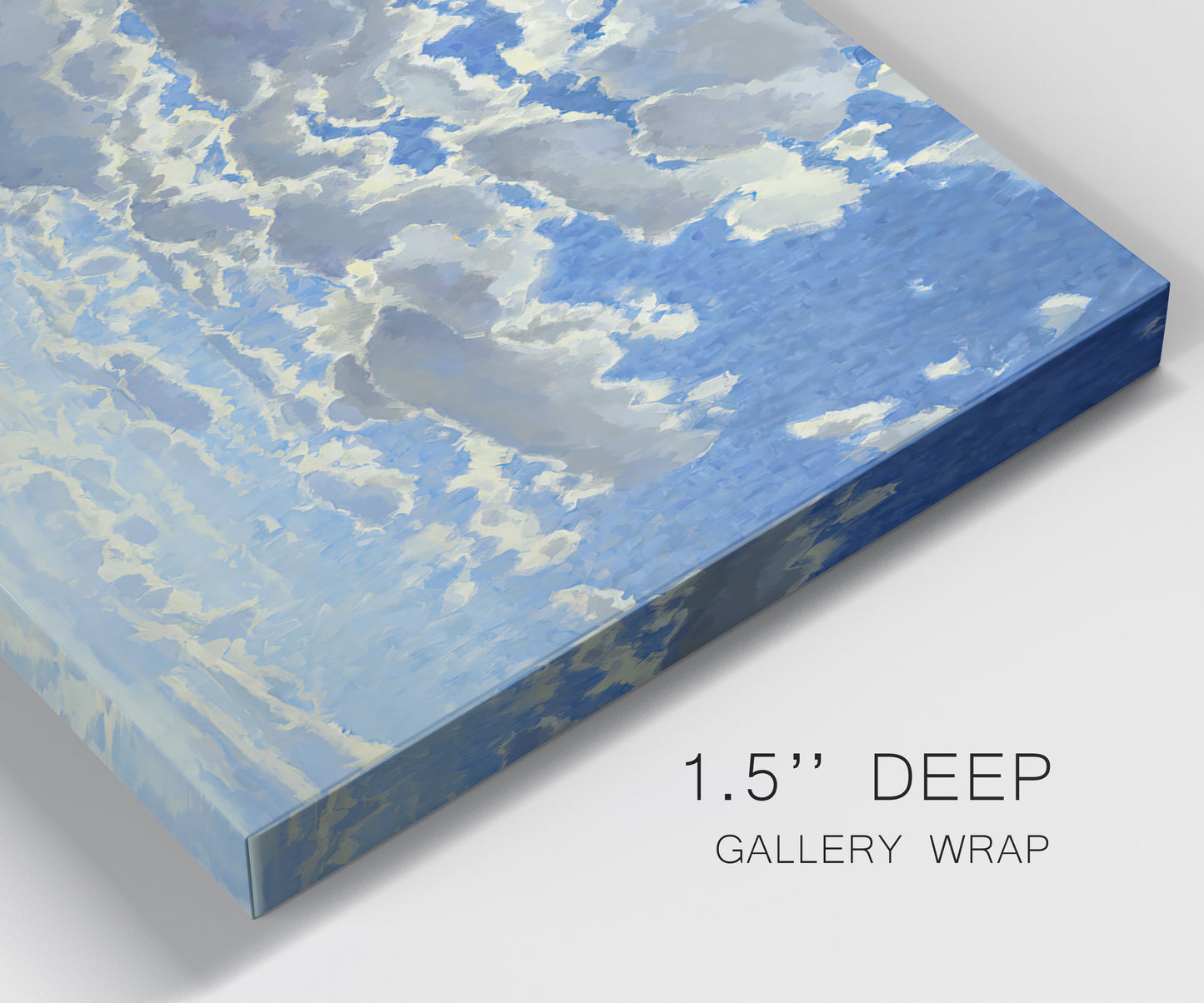Close-up view of wrapped canvas corner featuring whimsical cloud filled sky landscape.