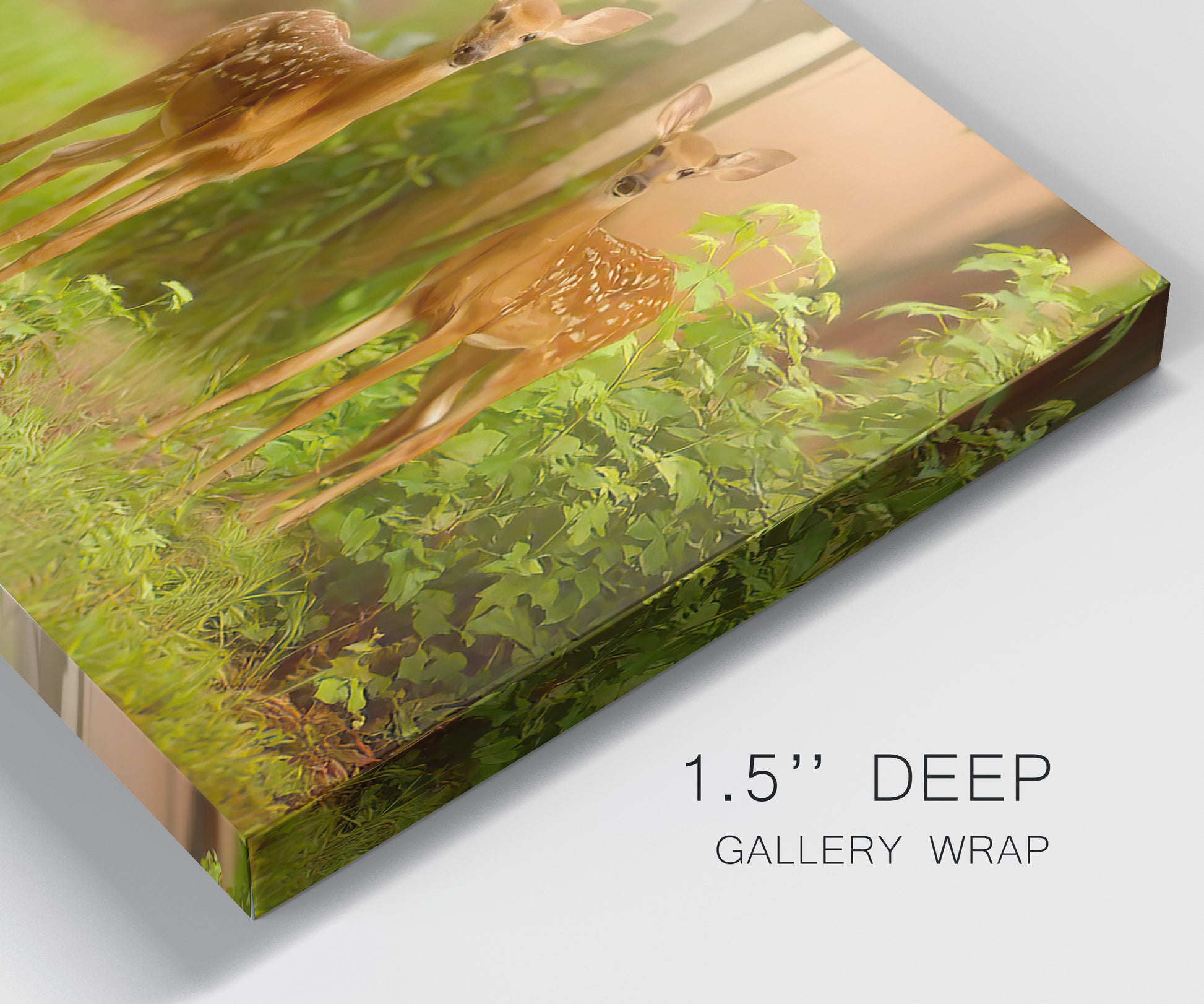 Close-up view of wrapped canvas corner featuring resting animals in open field.