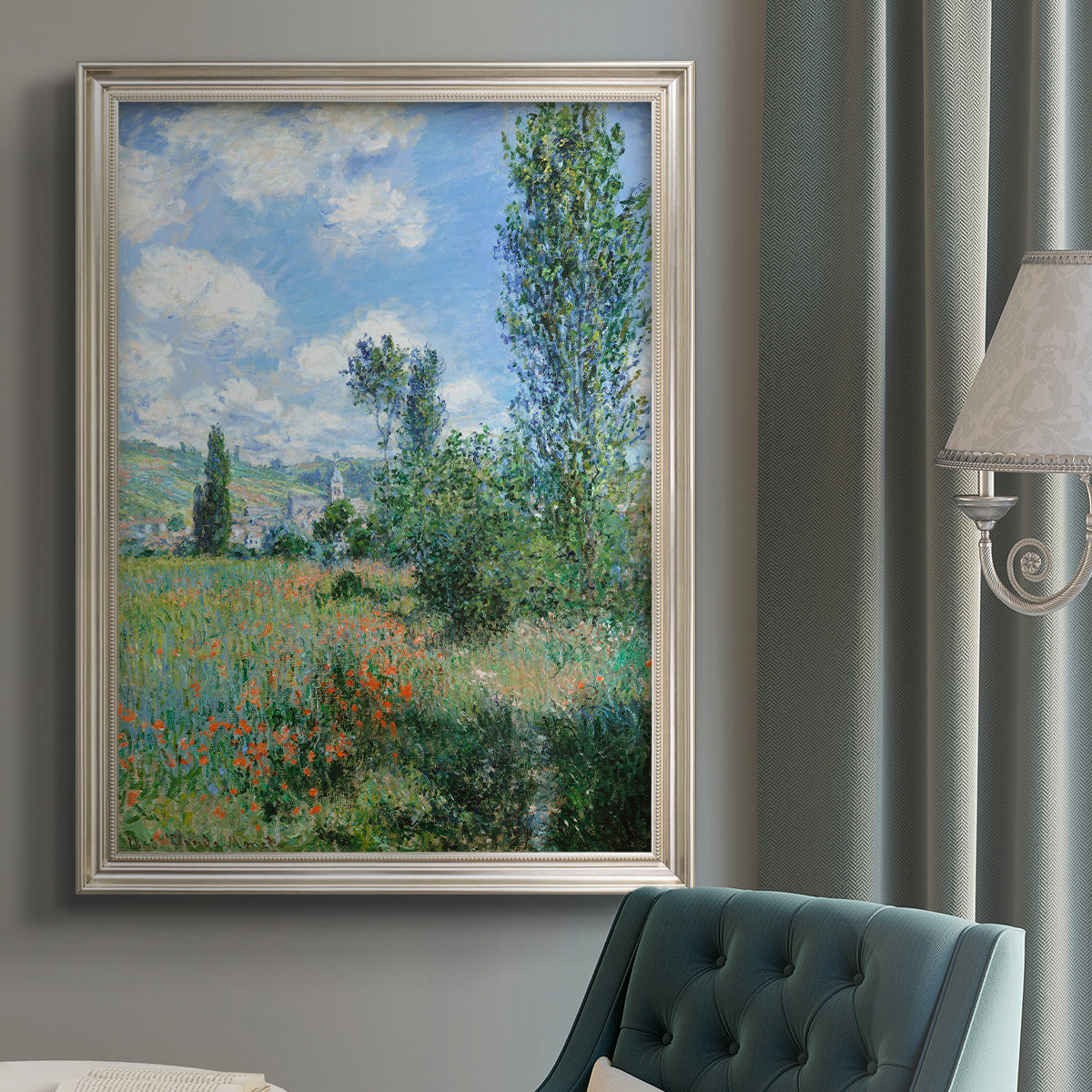 Impressionist pastoral landscape with poppy fields by Claude Monet in an {frame_style_descriptor} displayed in a neutral interior setting.