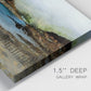 Close-up view of wrapped canvas corner featuring peaceful lakeside shoreline landscape.