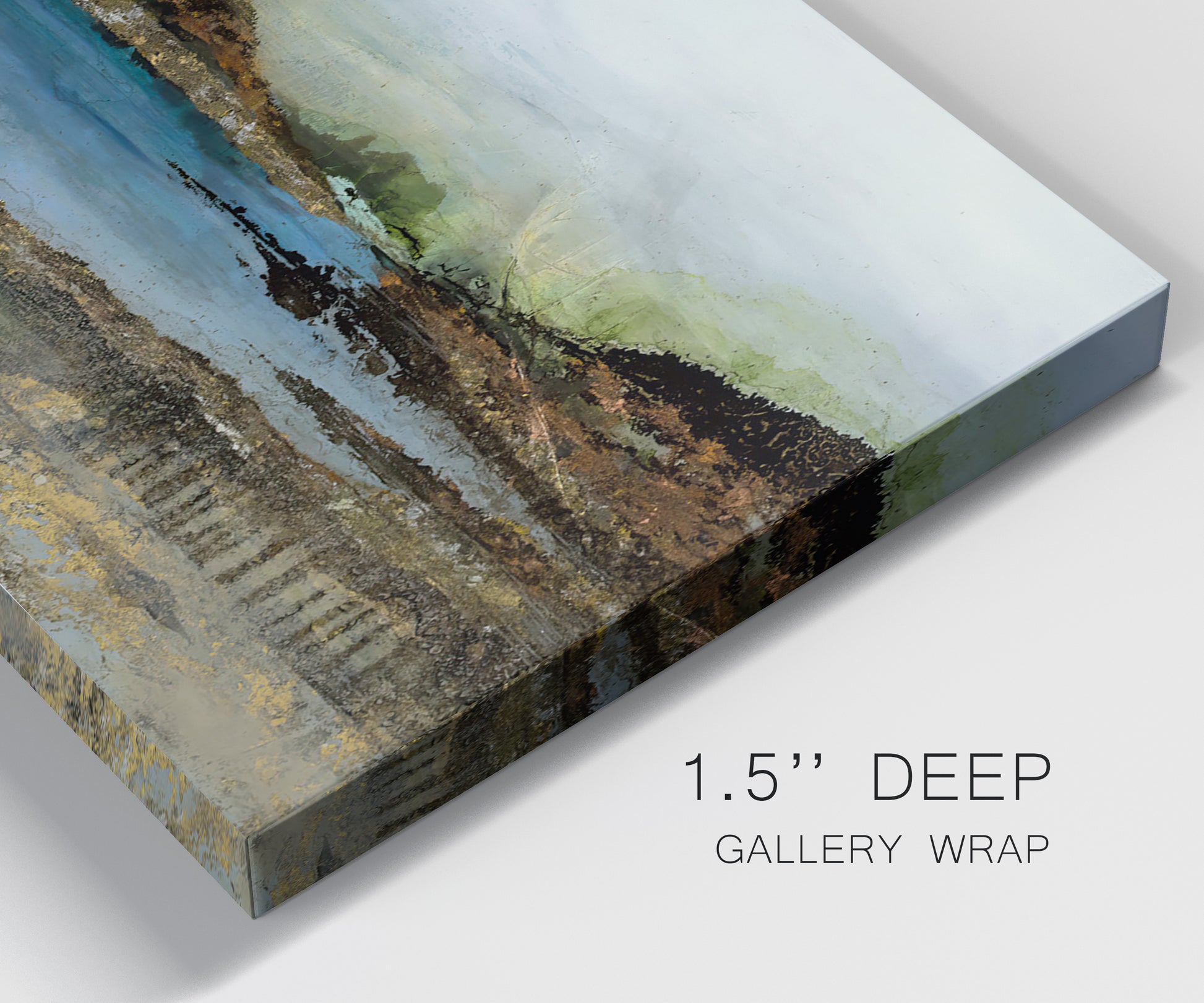 Close-up view of wrapped canvas corner featuring peaceful lakeside shoreline landscape.