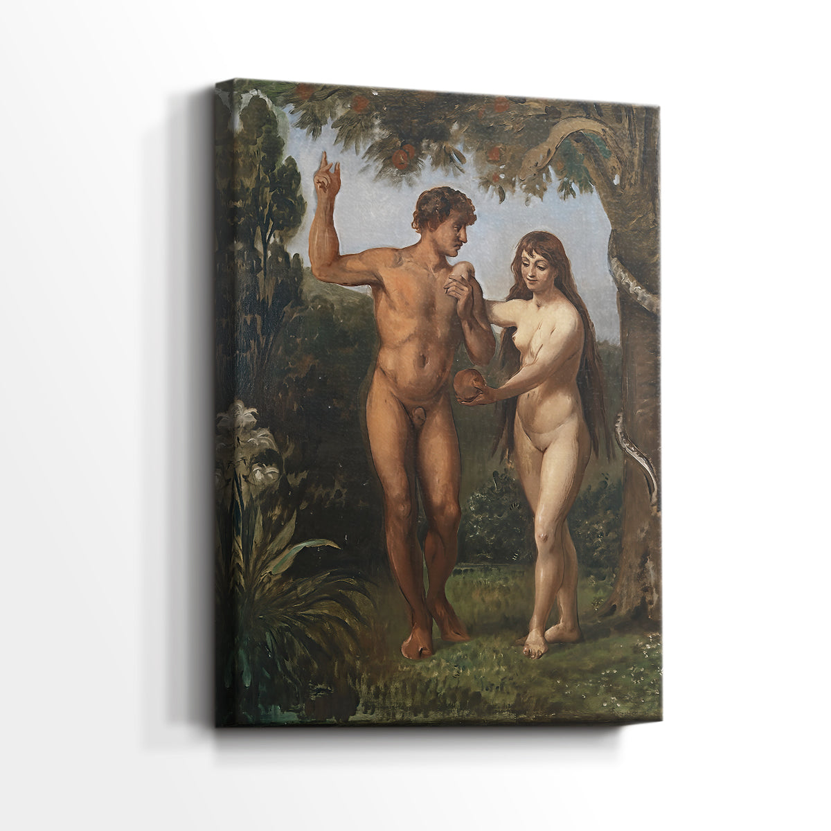 Side view of a canvas art print of a narrative scene with balanced form and subtle detail, showing gallery-wrapped depth.