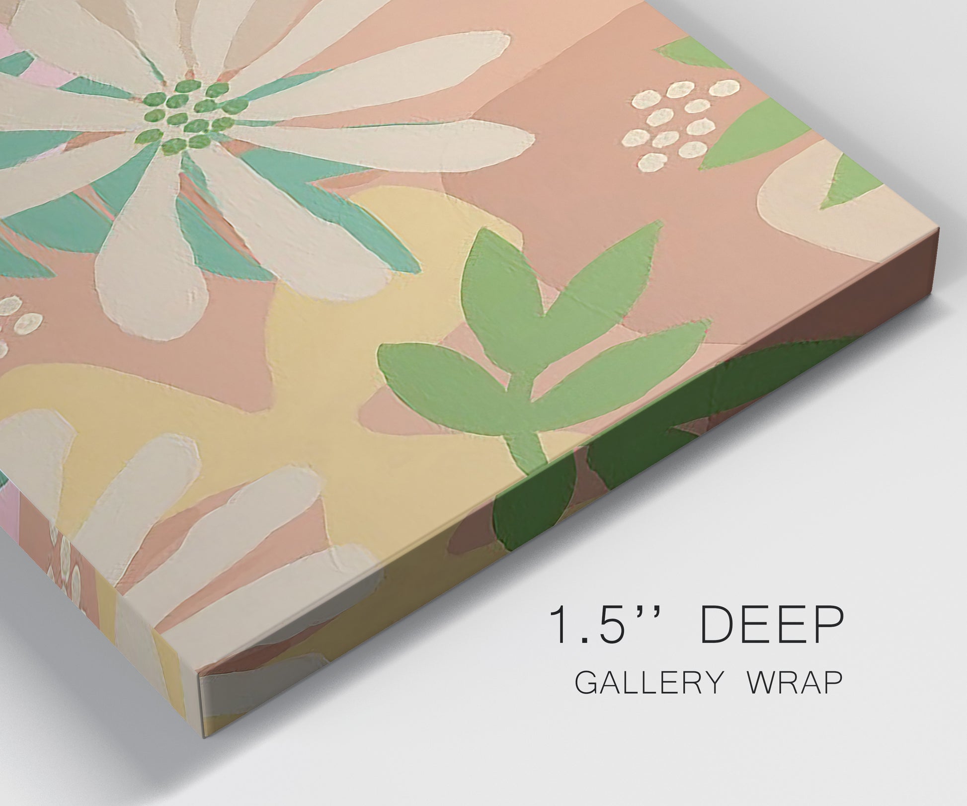 Close-up view of wrapped canvas corner featuring neutral toned botanical floral silhouettes.