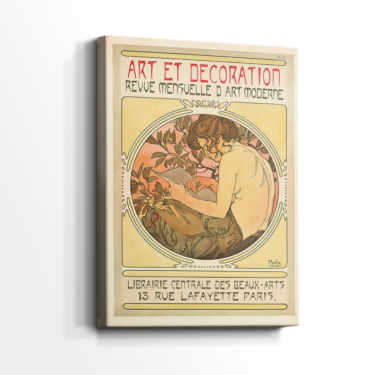 Side view of a canvas art print of a decorative poster with flowing lines and elegant composition, showing gallery-wrapped depth.