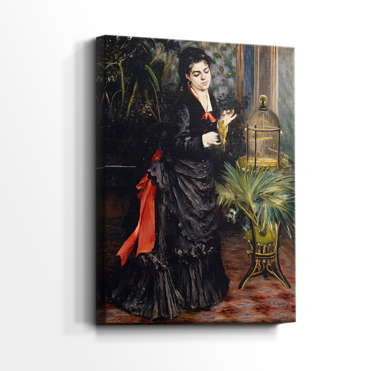 Side view of a canvas art print of a decorative portrait with a woman and exotic bird, showing gallery-wrapped depth.