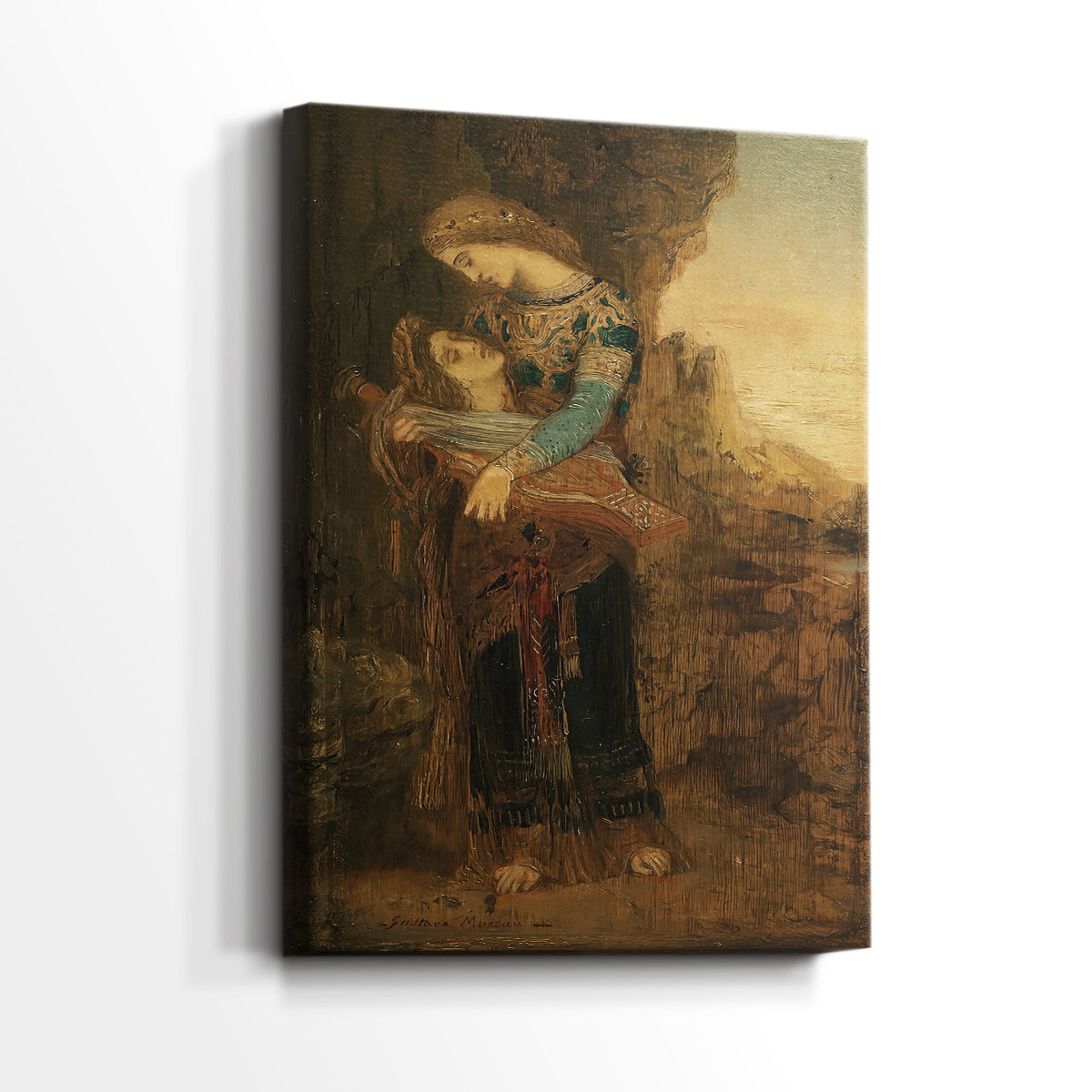 Side view of a canvas art print of a quiet scene with a figure and symbolic element, showing gallery-wrapped depth.