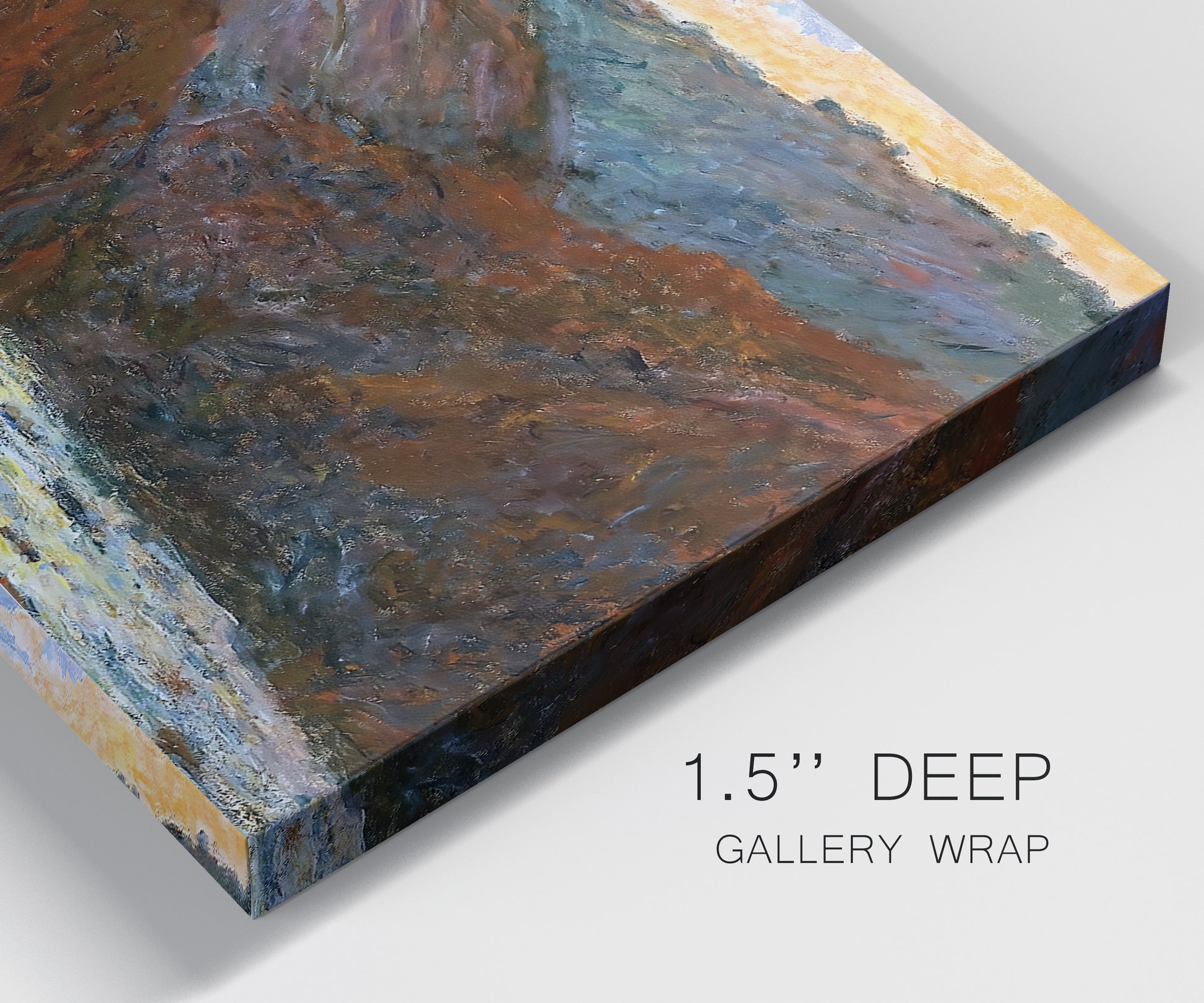 Close-up view of wrapped canvas corner featuring impressionist valley landscape.