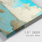 Close-up view of wrapped canvas corner featuring abstract pond scene with reflections.
