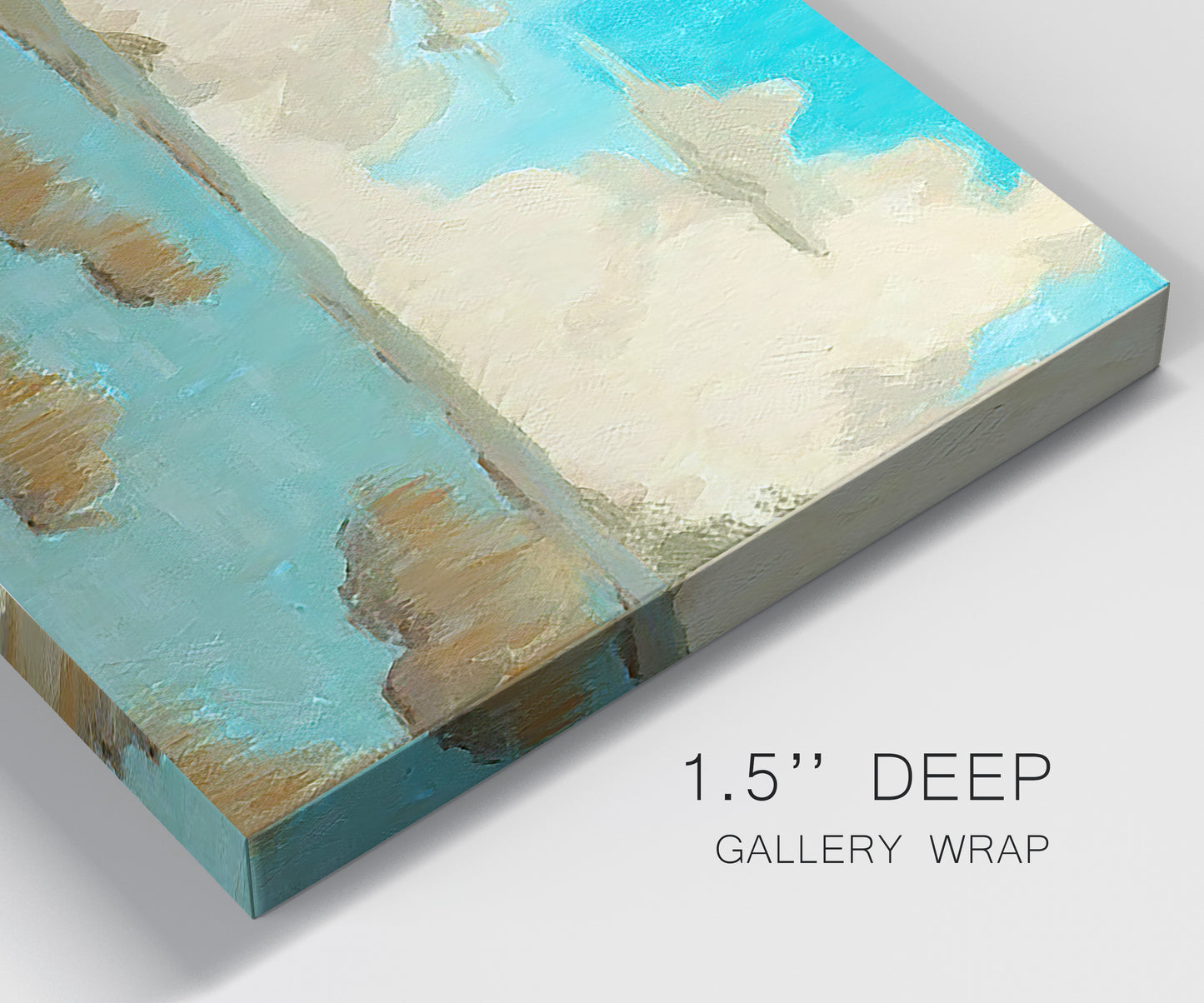 Close-up view of wrapped canvas corner featuring abstract pond scene with reflections.