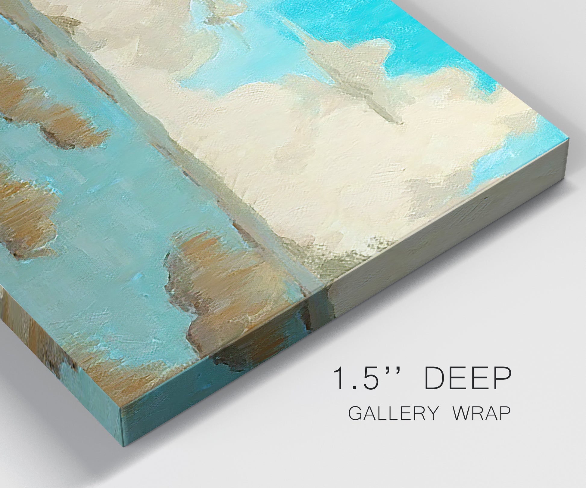 Close-up view of wrapped canvas corner featuring abstract pond scene with reflections.