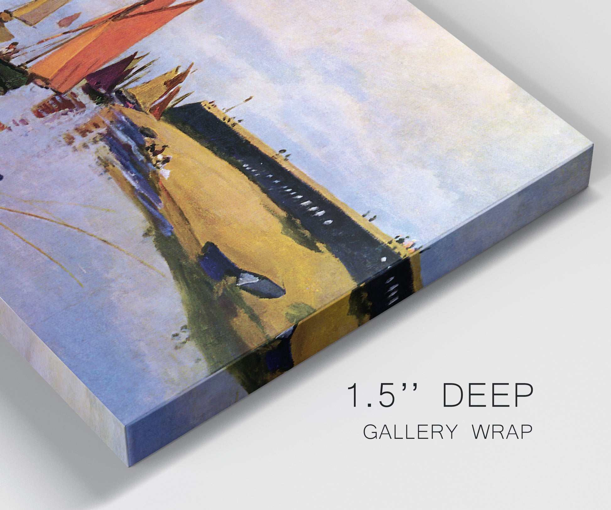 Close-up view of wrapped canvas corner featuring stone breakwater at low tide.