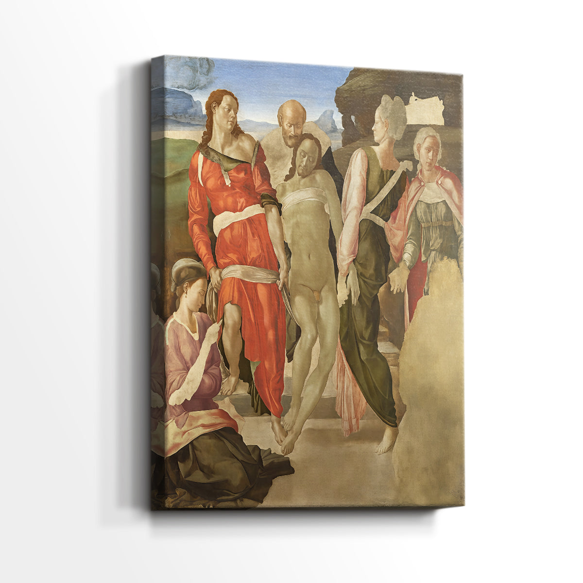 Side view of a canvas art print of a classical scene with balanced form and gentle contrast, showing gallery-wrapped depth.