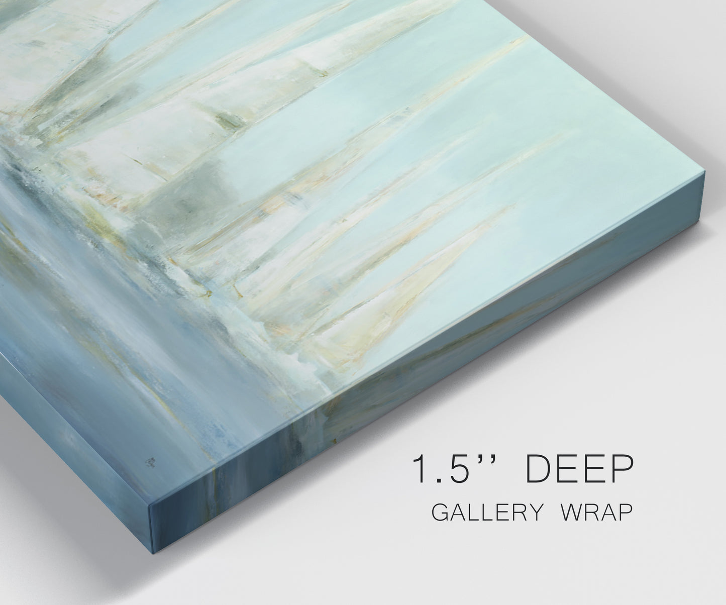 Close-up view of wrapped canvas corner featuring sailboats silhouetted at sunrise.