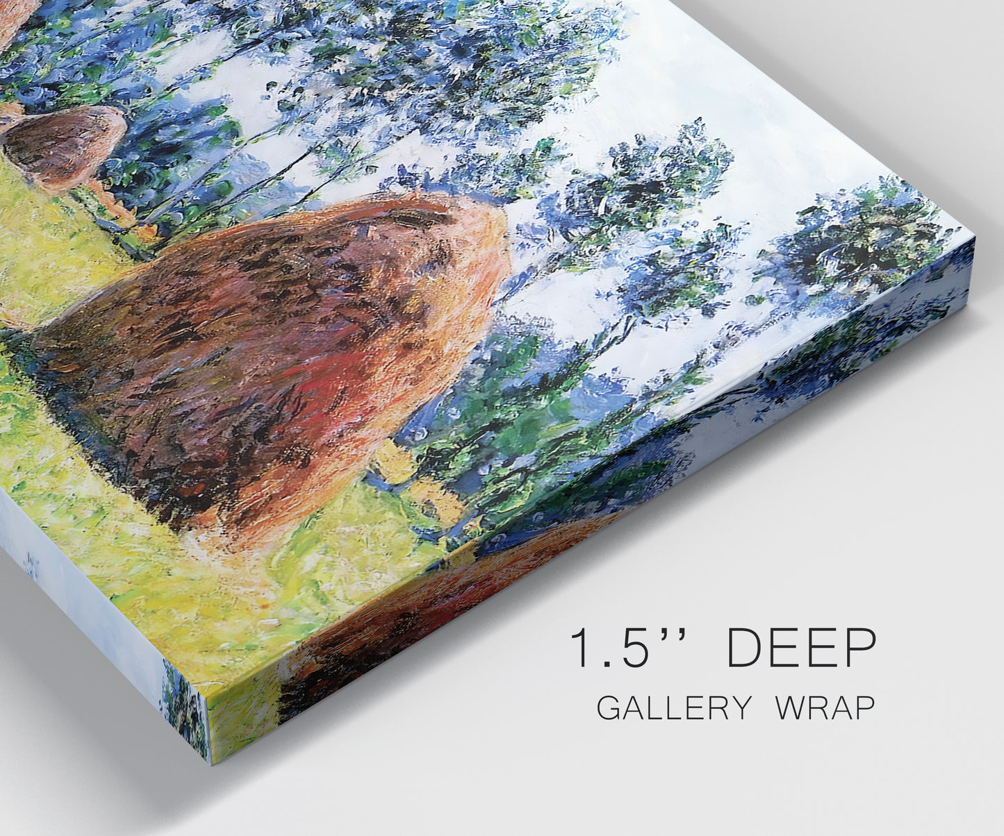 Close-up view of wrapped canvas corner featuring harvested grainstacks in field.