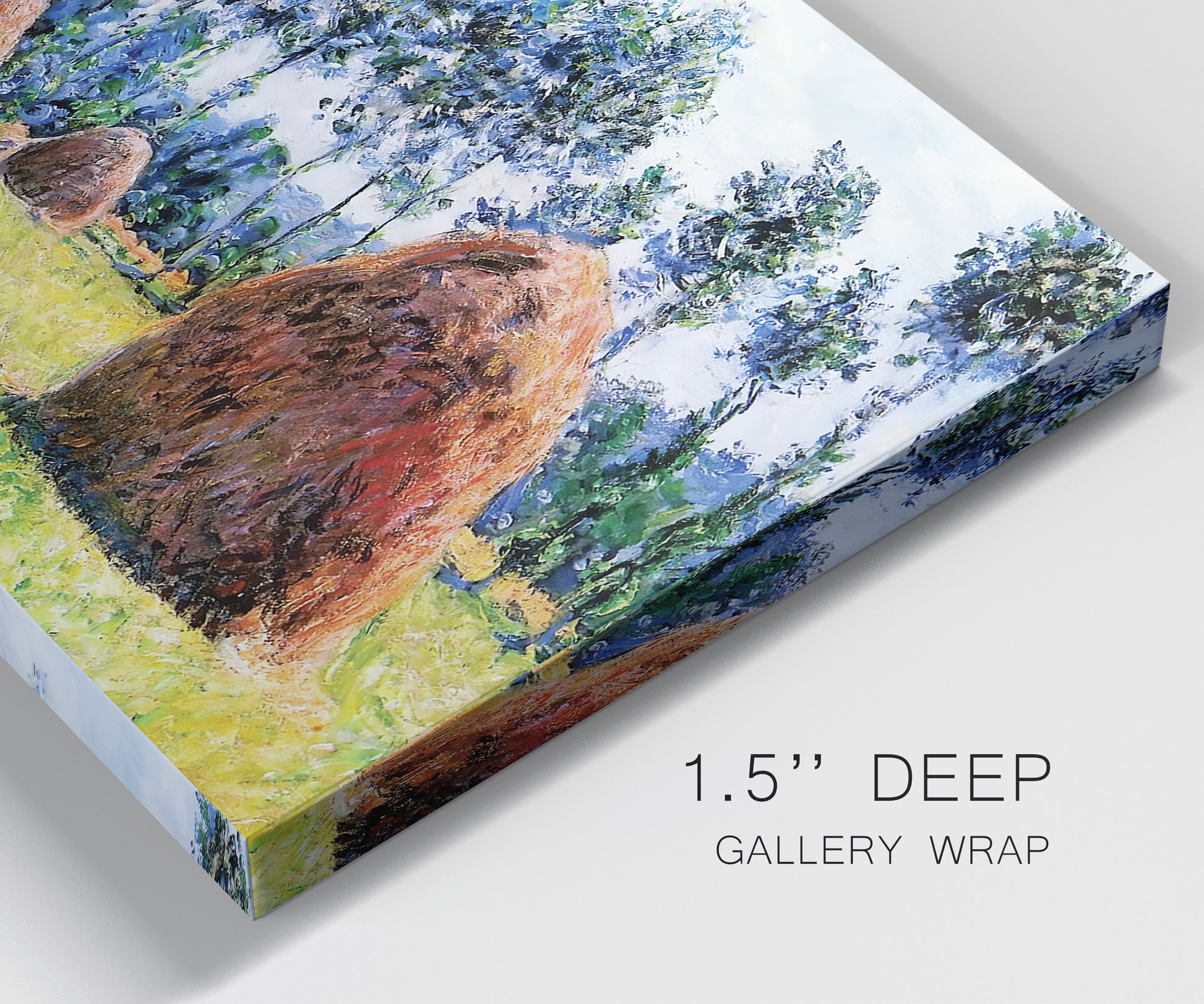 Close-up view of wrapped canvas corner featuring harvested grainstacks in field.