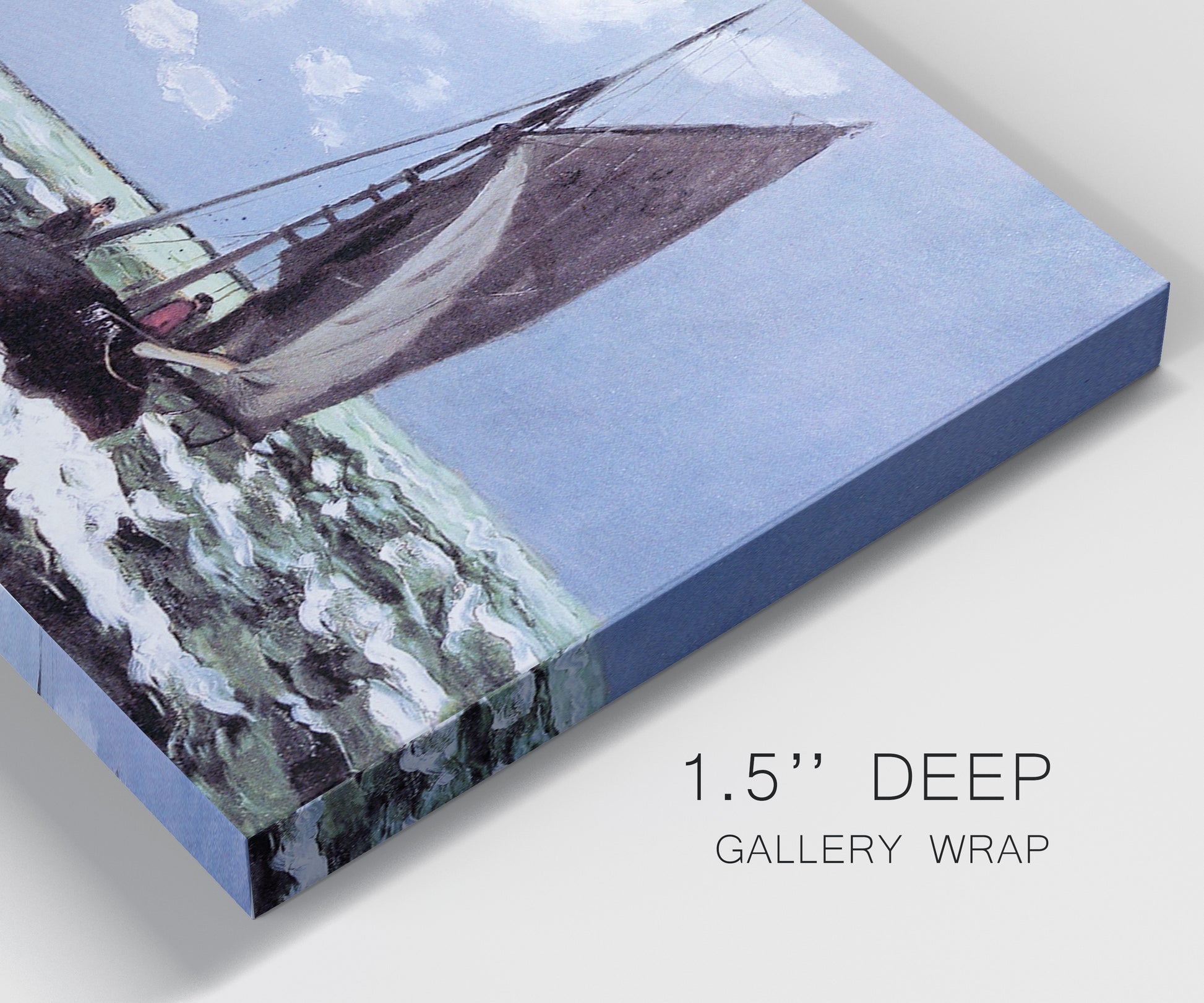 Close-up view of wrapped canvas corner featuring stormy sea with crashing waves.