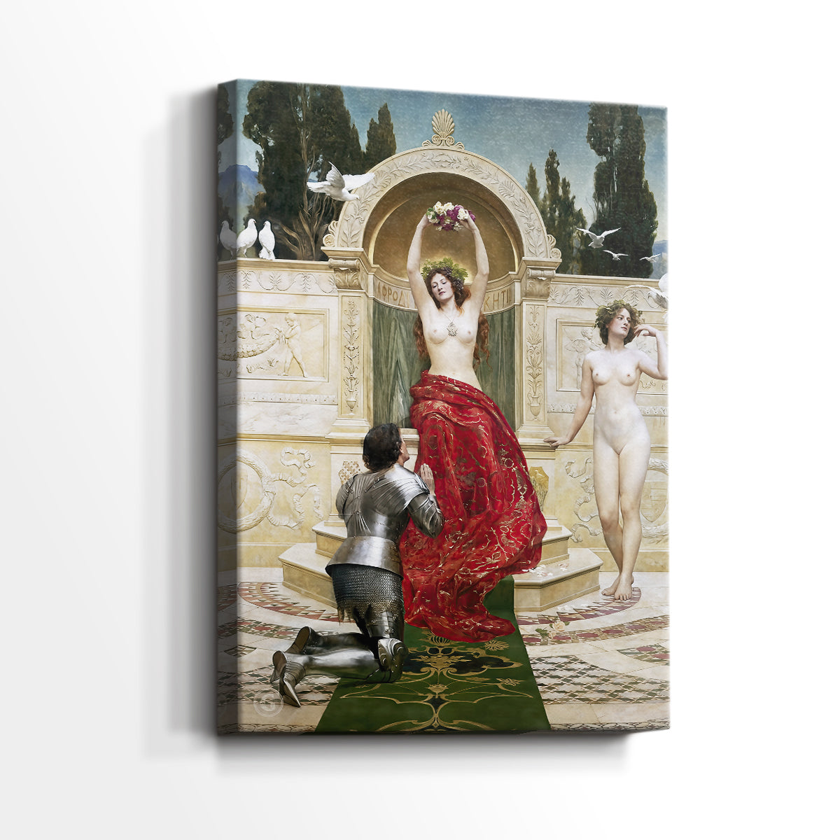 Side view of a canvas art print of a Romantic composition with soft light and layered foliage, showing gallery-wrapped depth.