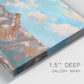 Close-up view of wrapped canvas corner featuring soft pastel western hills landscape.
