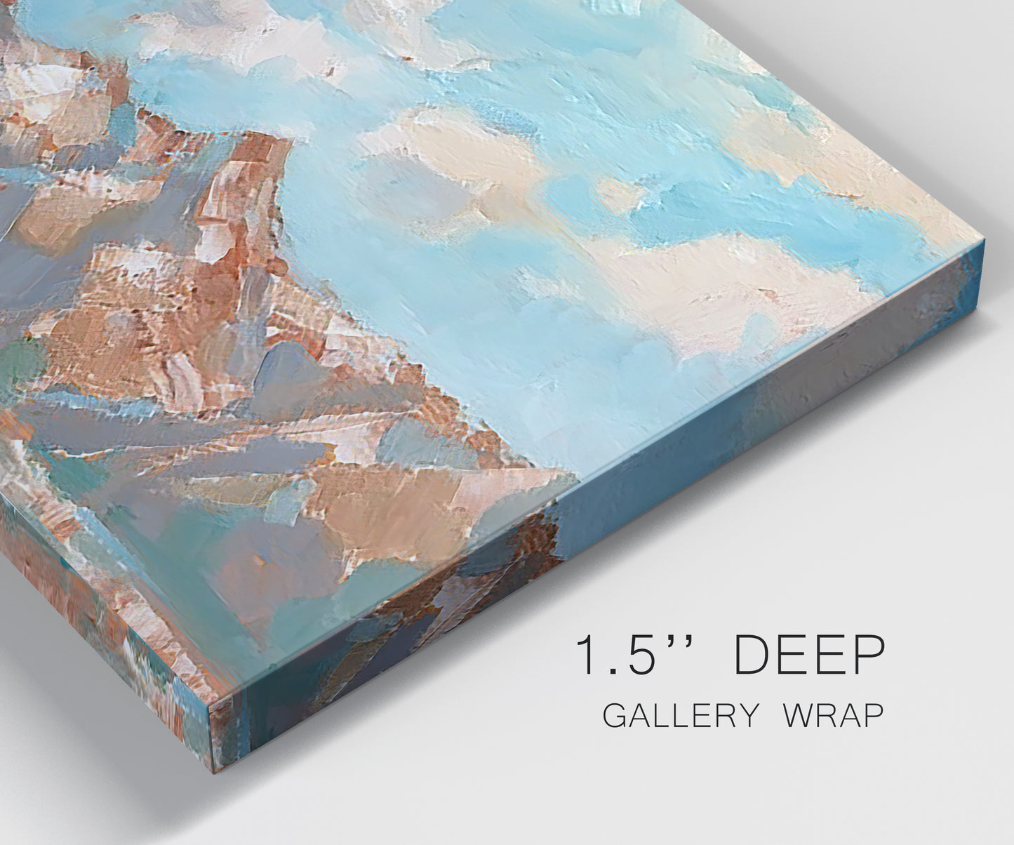 Close-up view of wrapped canvas corner featuring soft pastel western hills landscape.