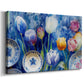 tulips,flowers,plates,blue background,art,decoration,color,spring,floral arrangement,still life,vibrant,nature,ceramics,dining,garden,blossoms,painting,design,aesthetic,home decor,craftsmanship,pattern,botanical,springtime,elegant,petals,table setting,hand-painted,colorful,harmony,beauty,vivid,texture,freshness,visual art,flower arrangement,kitchenware,inspired decor,cultural significance