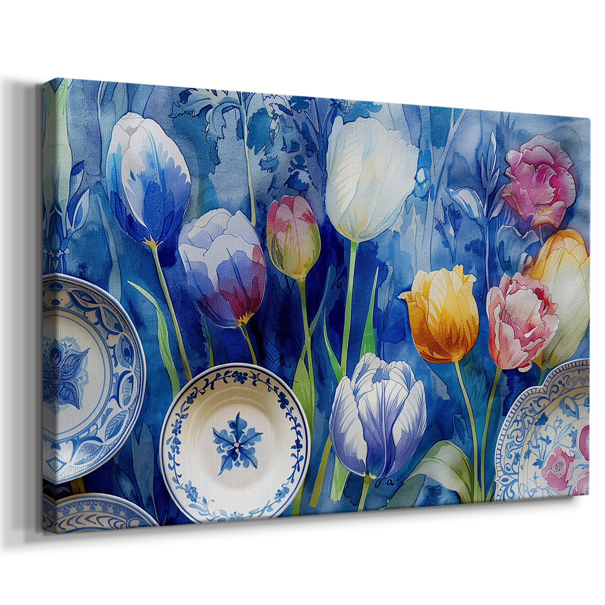 tulips,flowers,plates,blue background,art,decoration,color,spring,floral arrangement,still life,vibrant,nature,ceramics,dining,garden,blossoms,painting,design,aesthetic,home decor,craftsmanship,pattern,botanical,springtime,elegant,petals,table setting,hand-painted,colorful,harmony,beauty,vivid,texture,freshness,visual art,flower arrangement,kitchenware,inspired decor,cultural significance