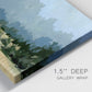 Close-up view of wrapped canvas corner featuring rural farmland landscape in watercolor.