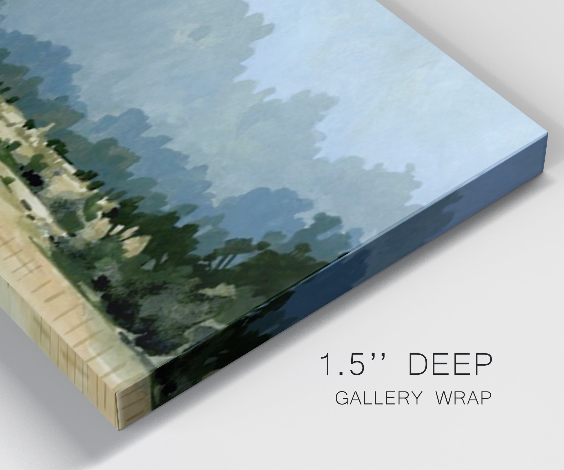 Close-up view of wrapped canvas corner featuring rural farmland landscape in watercolor.