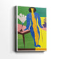 Side view of a canvas art print of a modern figure built from flat color blocks, showing gallery-wrapped depth.