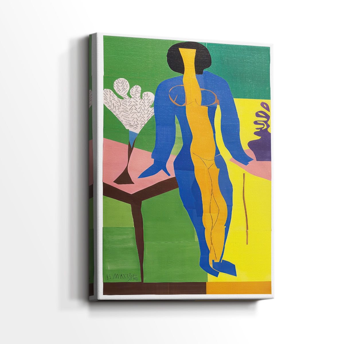 Side view of a canvas art print of a modern figure built from flat color blocks, showing gallery-wrapped depth.