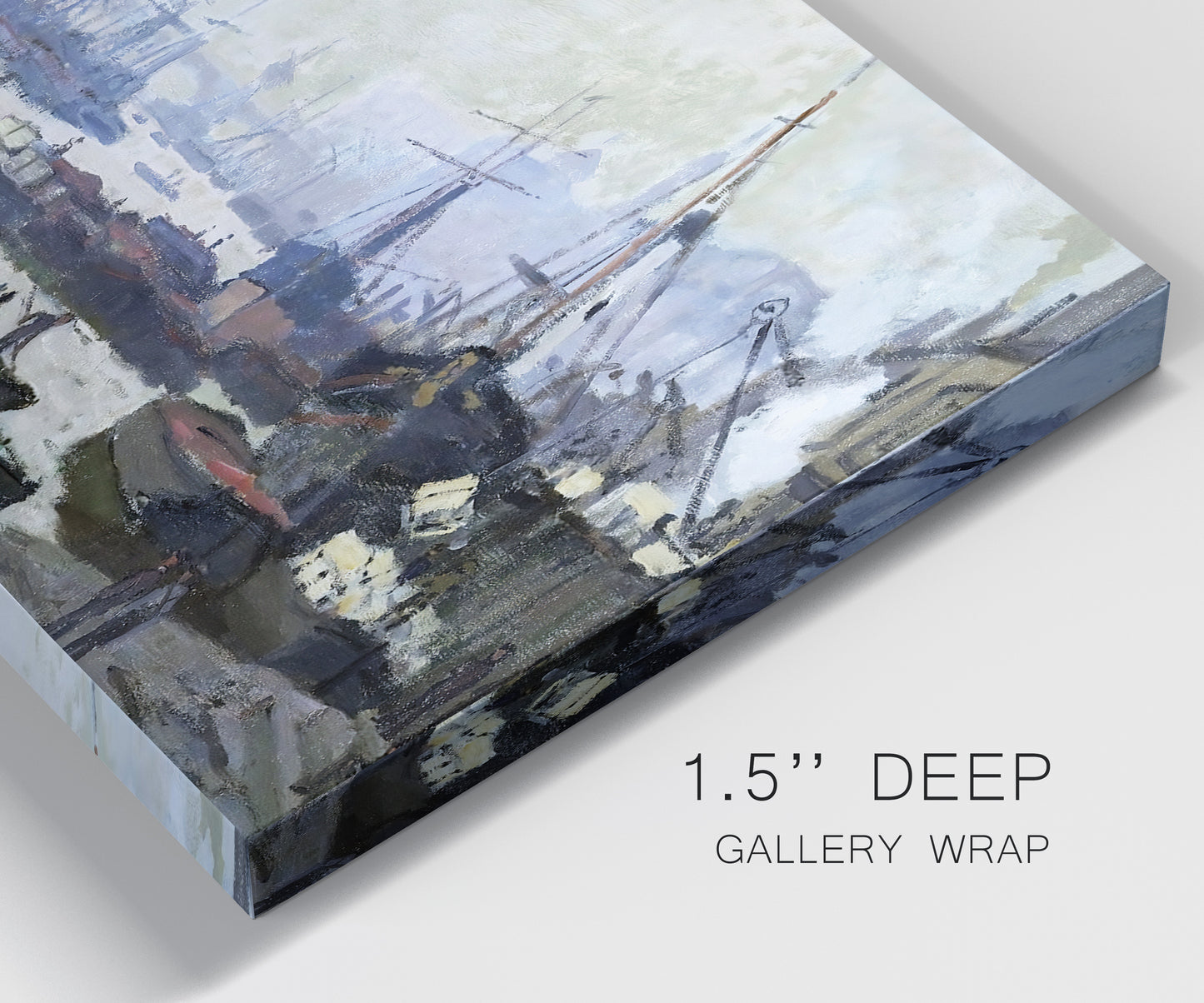Close-up view of wrapped canvas corner featuring working harbor with docked boats.