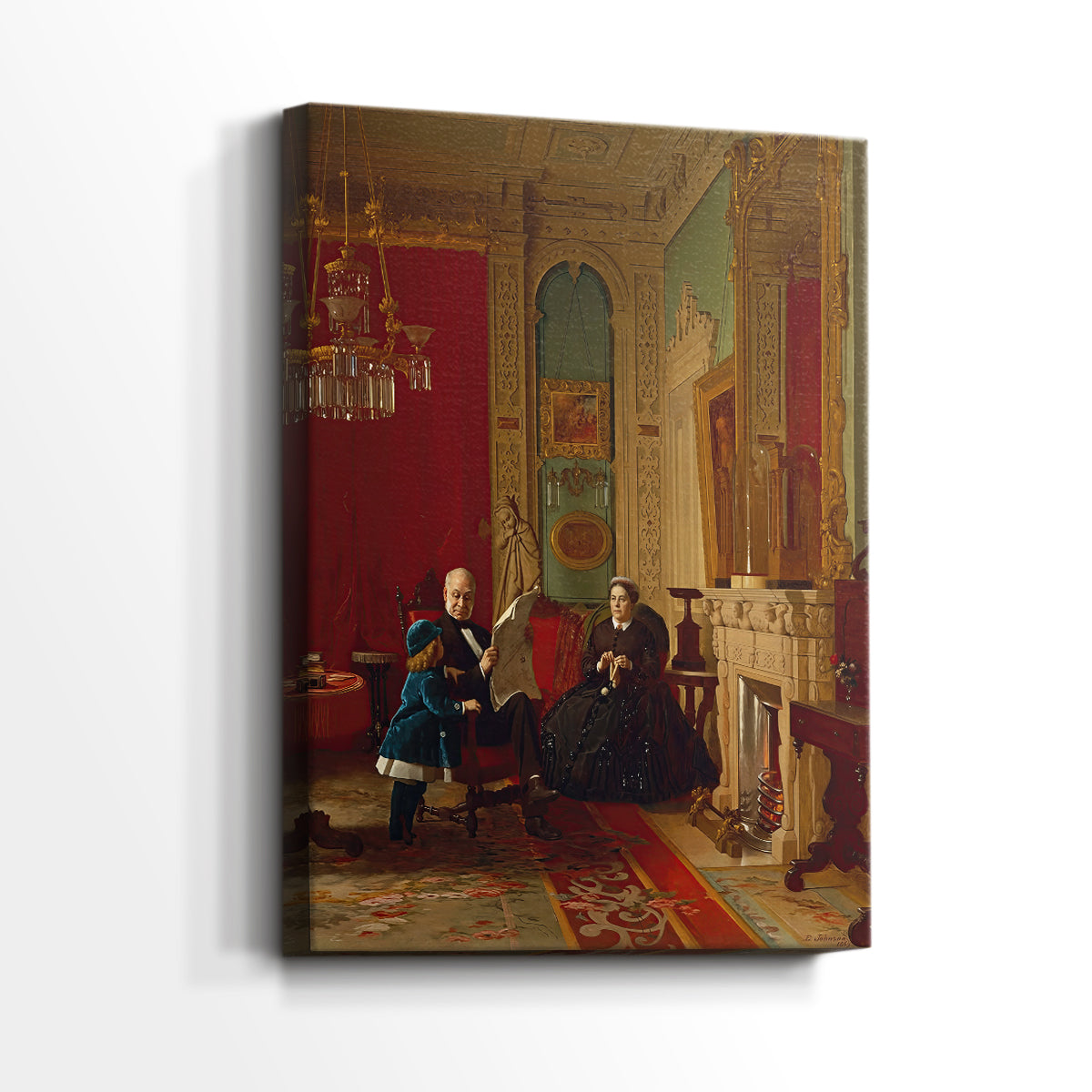 Side view of a canvas art print of a domestic scene with figures arranged in a traditional portrait, showing gallery-wrapped depth.