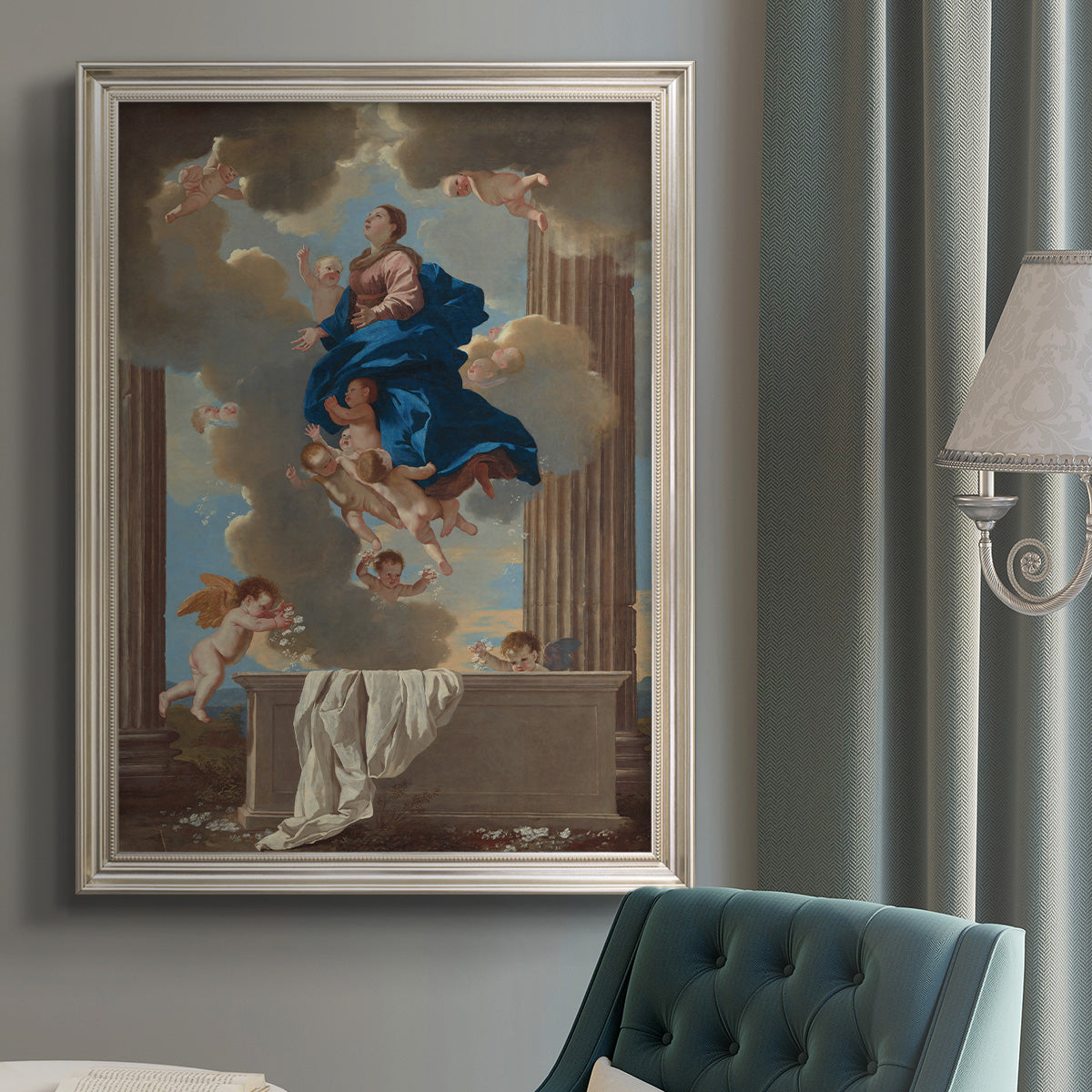 Classical religious depiction of the Assumption of the Virgin by Nicolas Poussin in an {frame_style_descriptor} displayed in a neutral interior setting.
