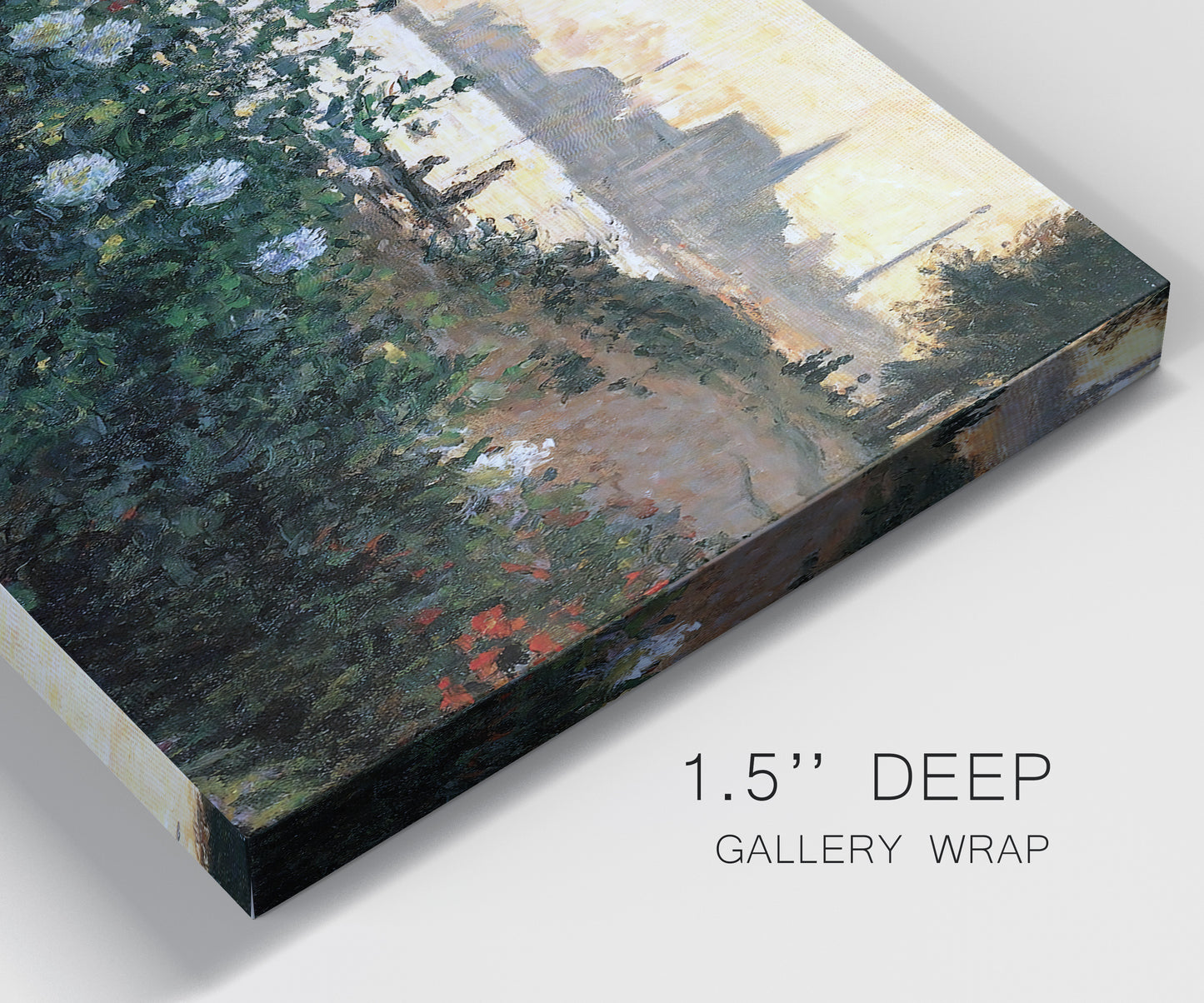 Close-up view of wrapped canvas corner featuring formal garden near museum grounds.