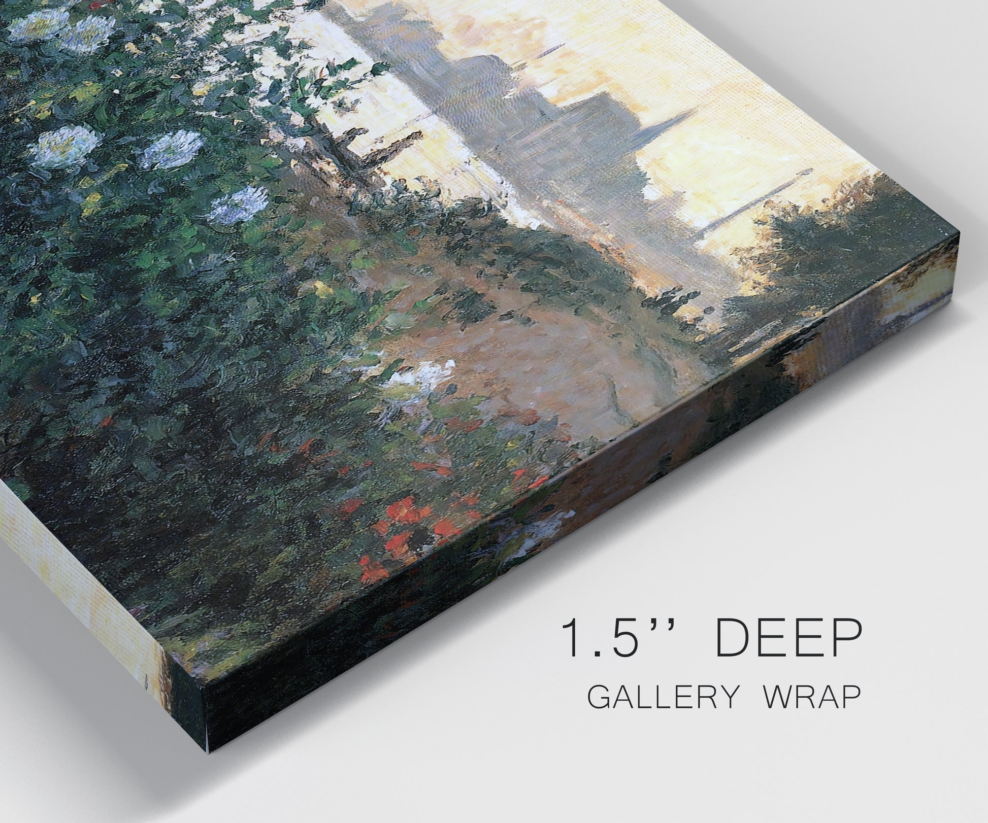 Close-up view of wrapped canvas corner featuring formal garden near museum grounds.