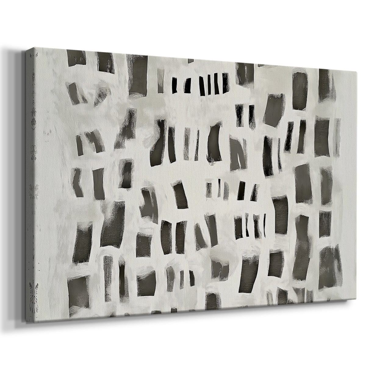 Modern abstract art composition featuring contrasting black and white shapes on canvas