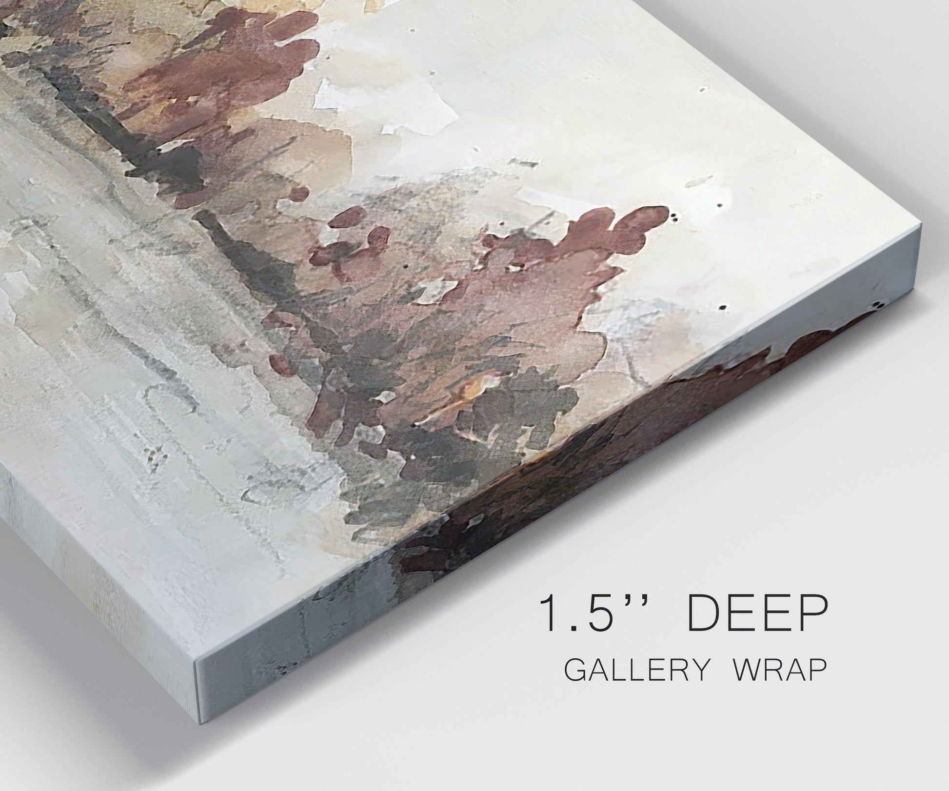 Close-up view of wrapped canvas corner featuring autumn landscape with trees and field.