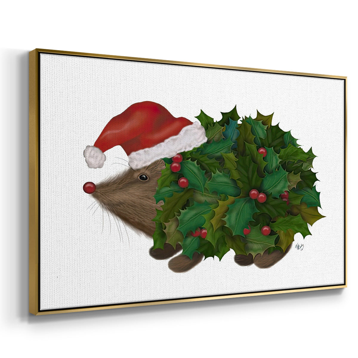 Christmas Holly Hedgehog - Framed Gallery Wrapped Canvas in Floating Frame