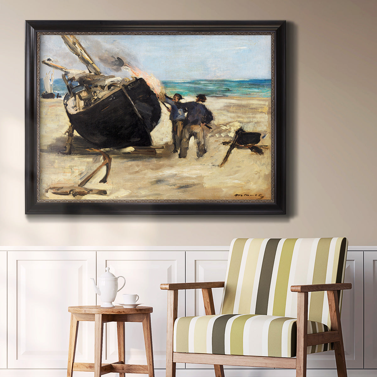 Impressionist nautical work scene by Édouard Manet in an ornate black frame with gilded inner detail displayed in a light-toned interior setting.