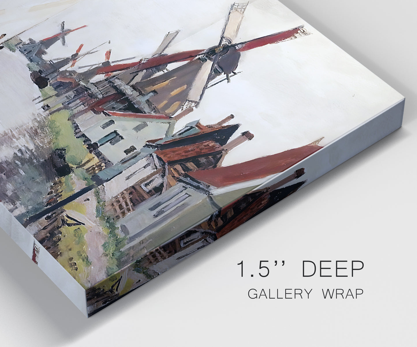 Close-up view of wrapped canvas corner featuring windmills beside calm water.