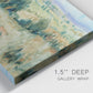 Close-up view of wrapped canvas corner featuring lavender sky over quiet landscape.