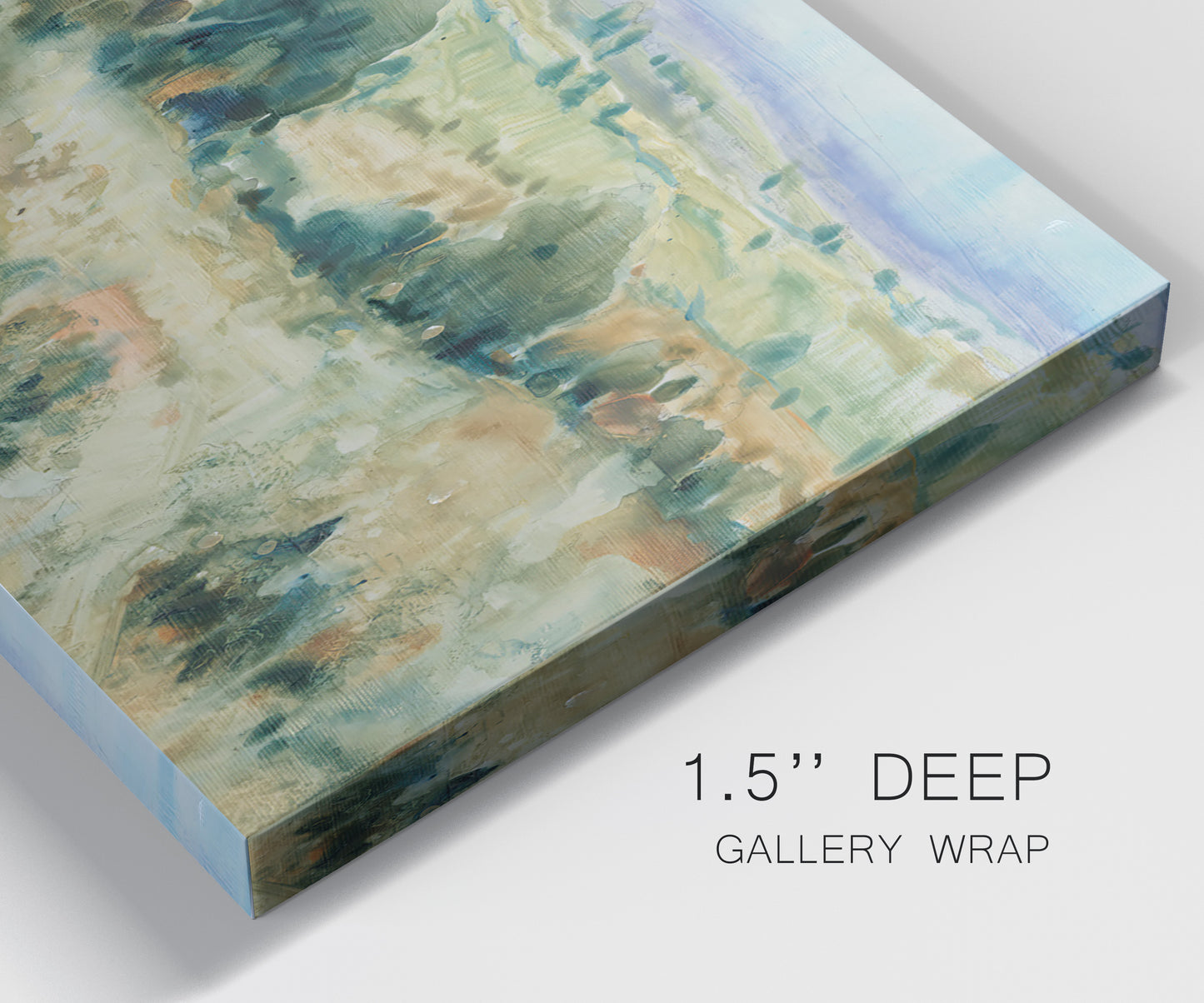 Close-up view of wrapped canvas corner featuring lavender sky over quiet landscape.