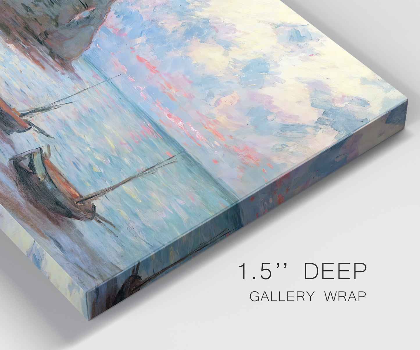 Close-up view of wrapped canvas corner featuring golden coastal sunset with cliffs.