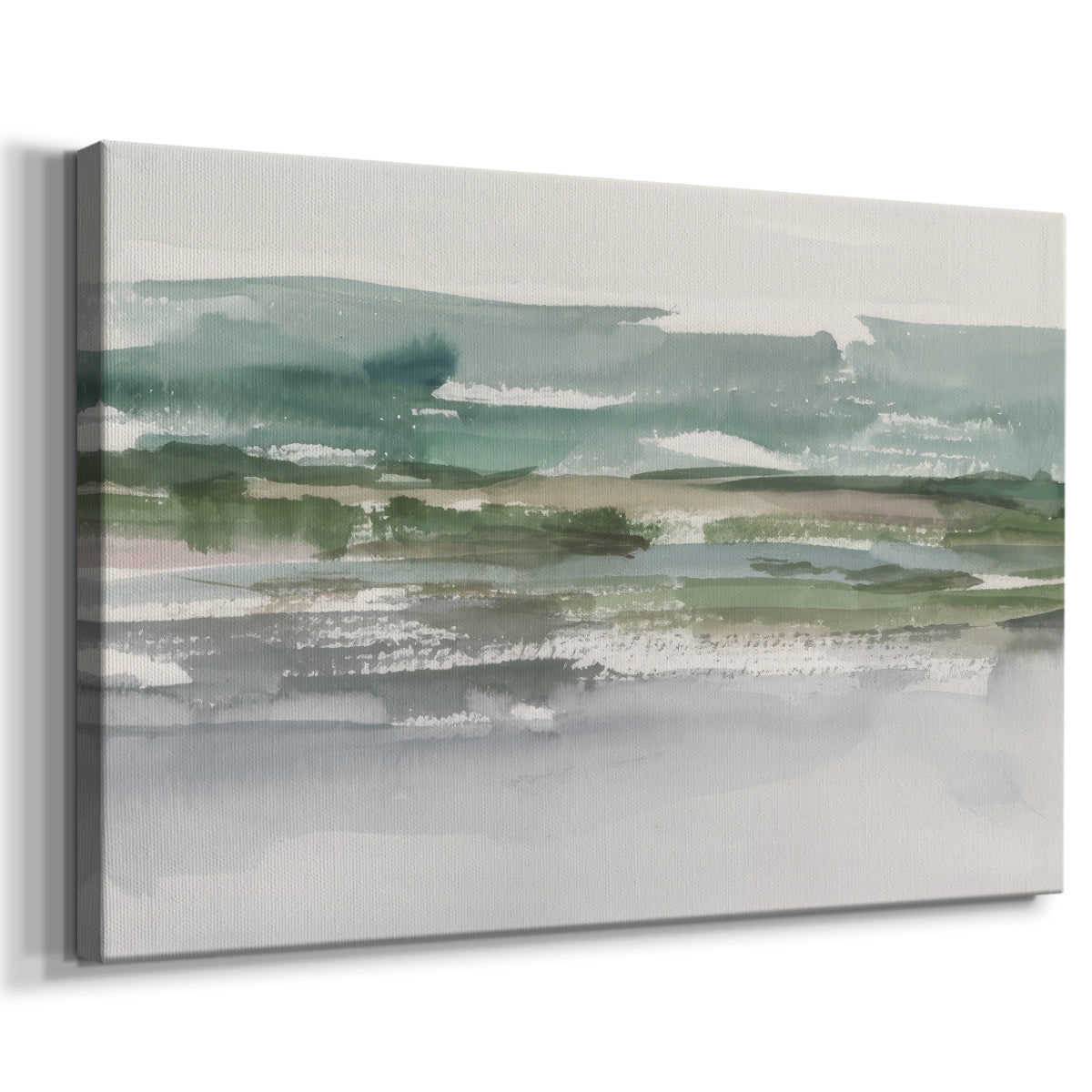 Abstract landscape depicting serene water and rolling hills under soft, muted tones capturing peaceful natural beauty