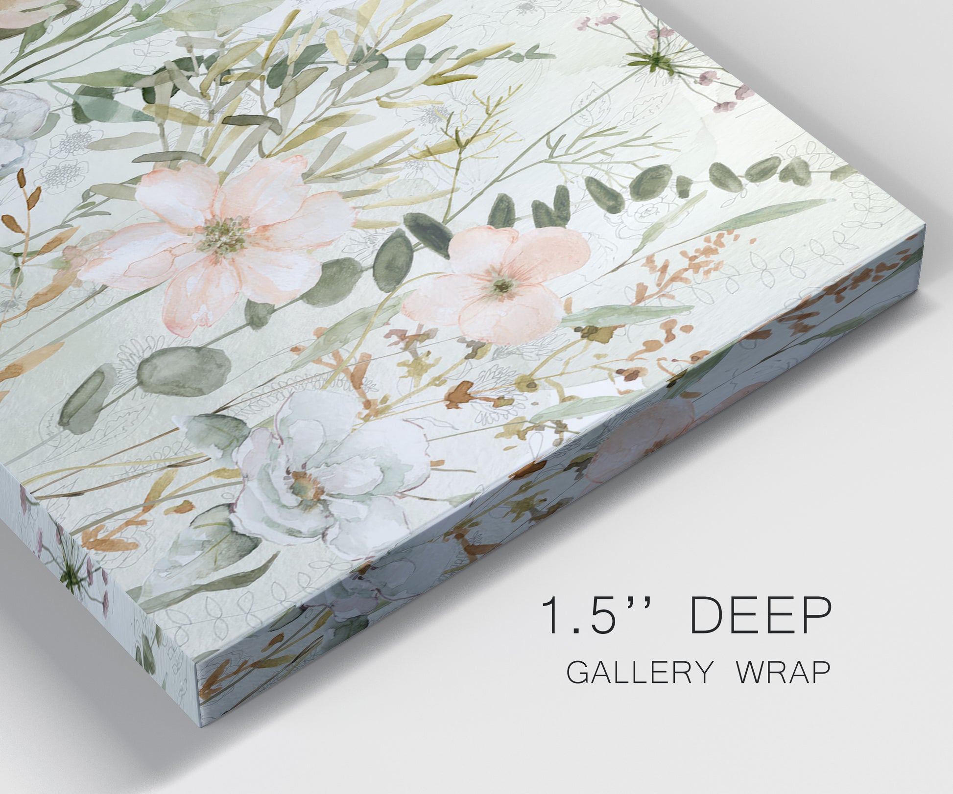 Close-up view of wrapped canvas corner featuring vintage floral botanical sketchbook.
