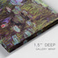 Close-up view of wrapped canvas corner featuring water lilies on calm pond.