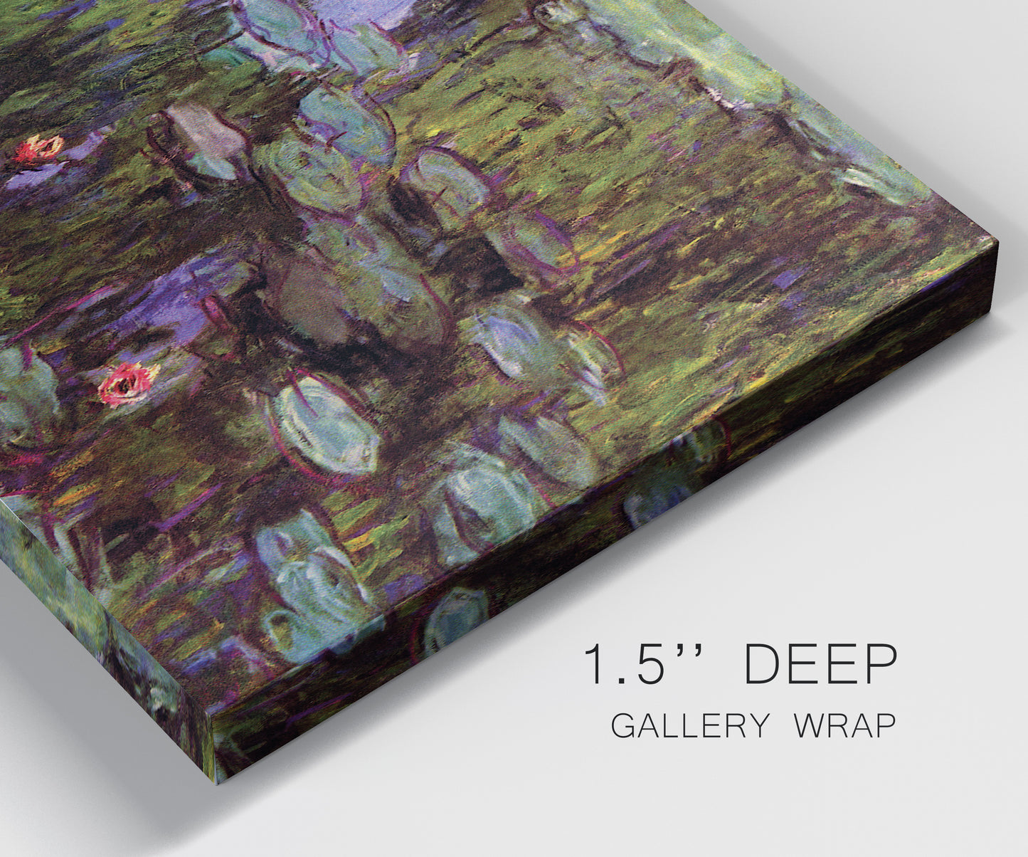 Close-up view of wrapped canvas corner featuring water lilies on calm pond.