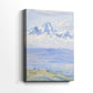 Side view of a canvas art print of a minimalist mountain scene with wide sky and distant horizon, showing gallery-wrapped depth.